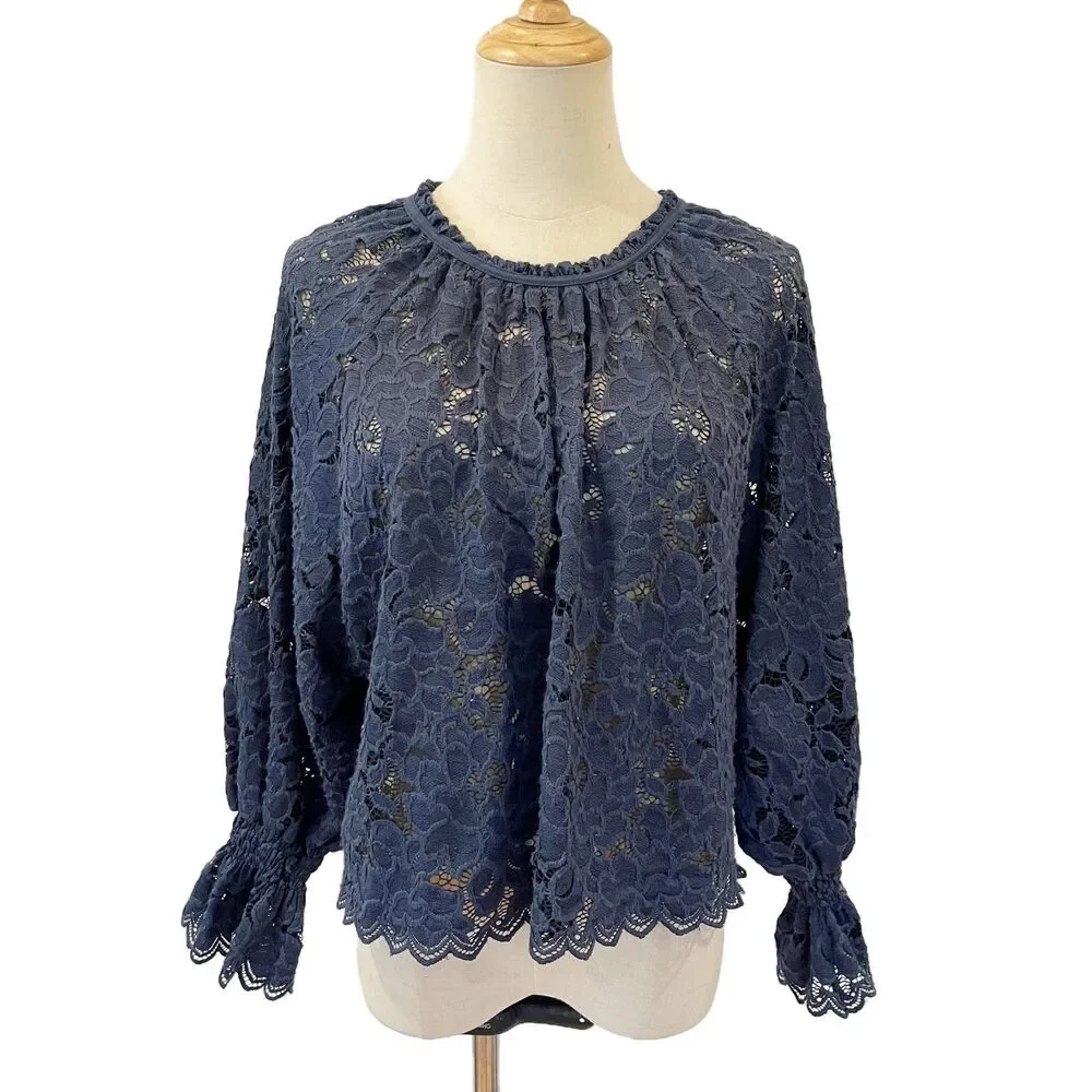 Free People Olivia Lace Blouse Blue Small Balloon Sleeves Feminine - Picture 2 of 9